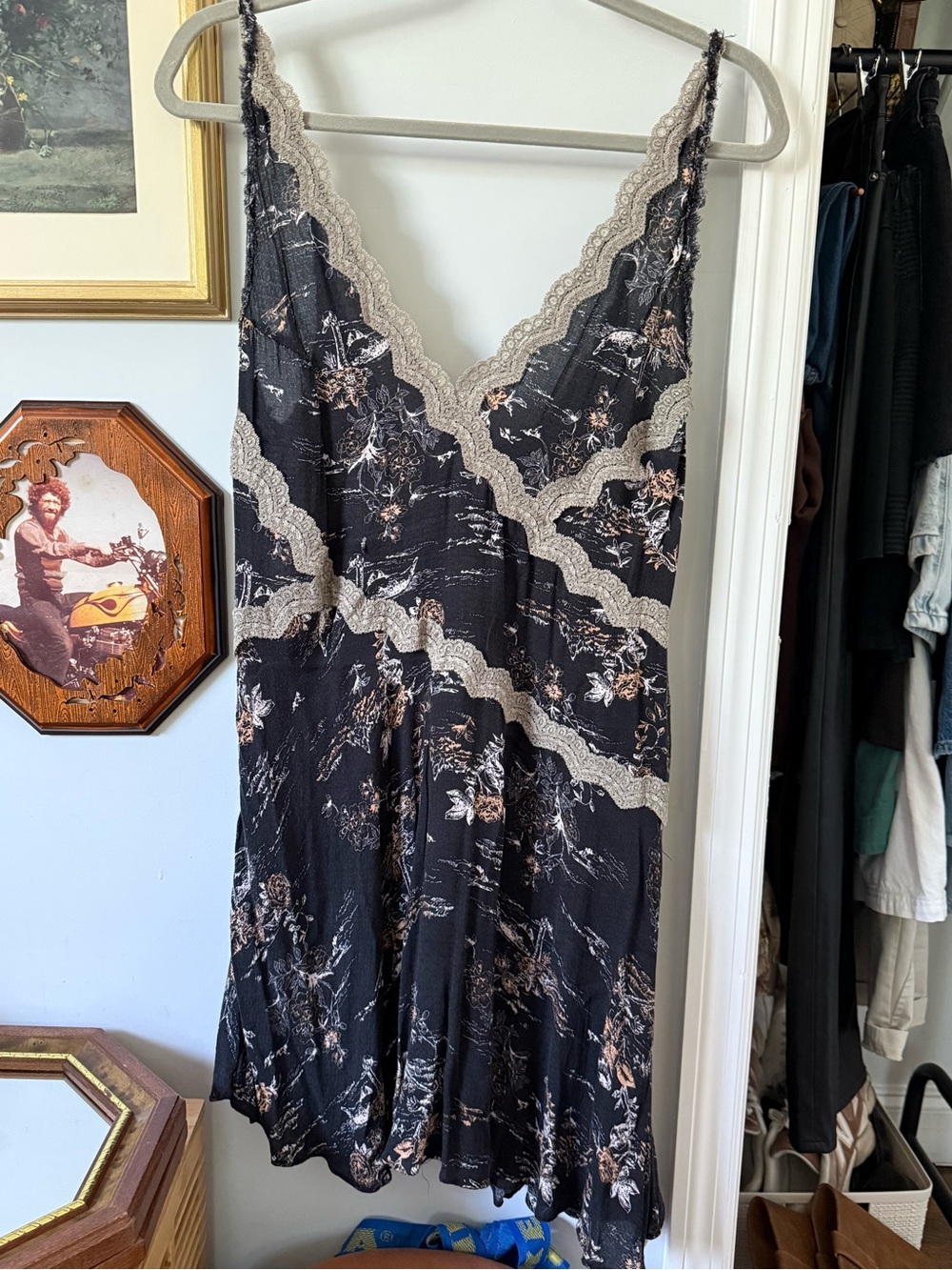Free People Intimately Lace-Trim Black Floral Slip Dress